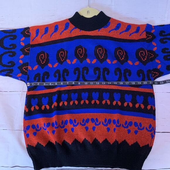 vintage blue red black lurex sweater Dolman Knit acrylic retro unisex hearts M 8 - Picture 7 of 9
